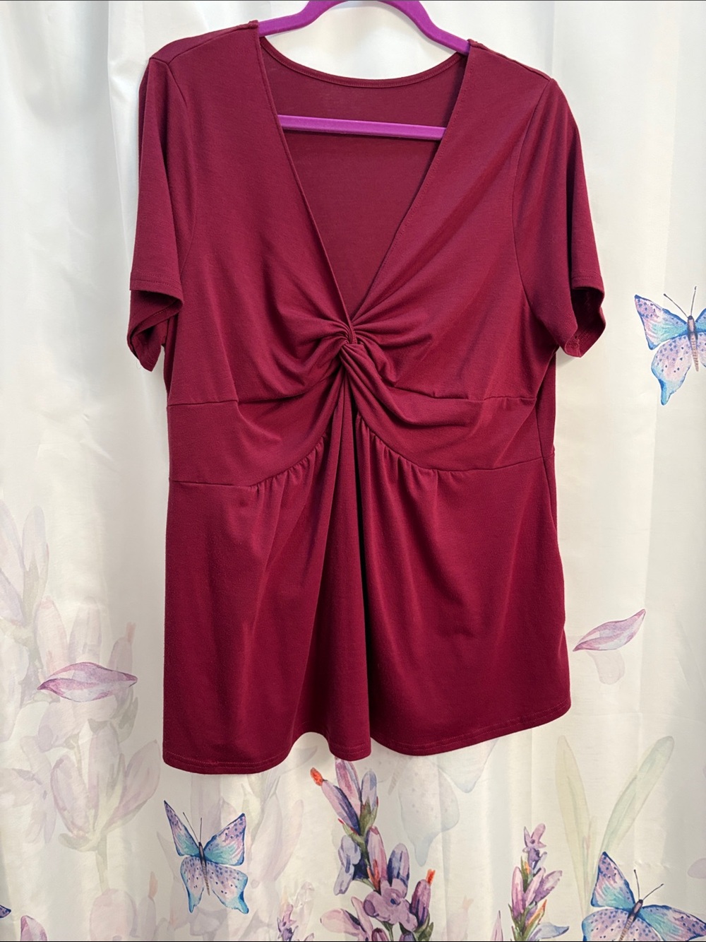 Women's Twist-Front Short Sleeve Top - Burgundy 2XL